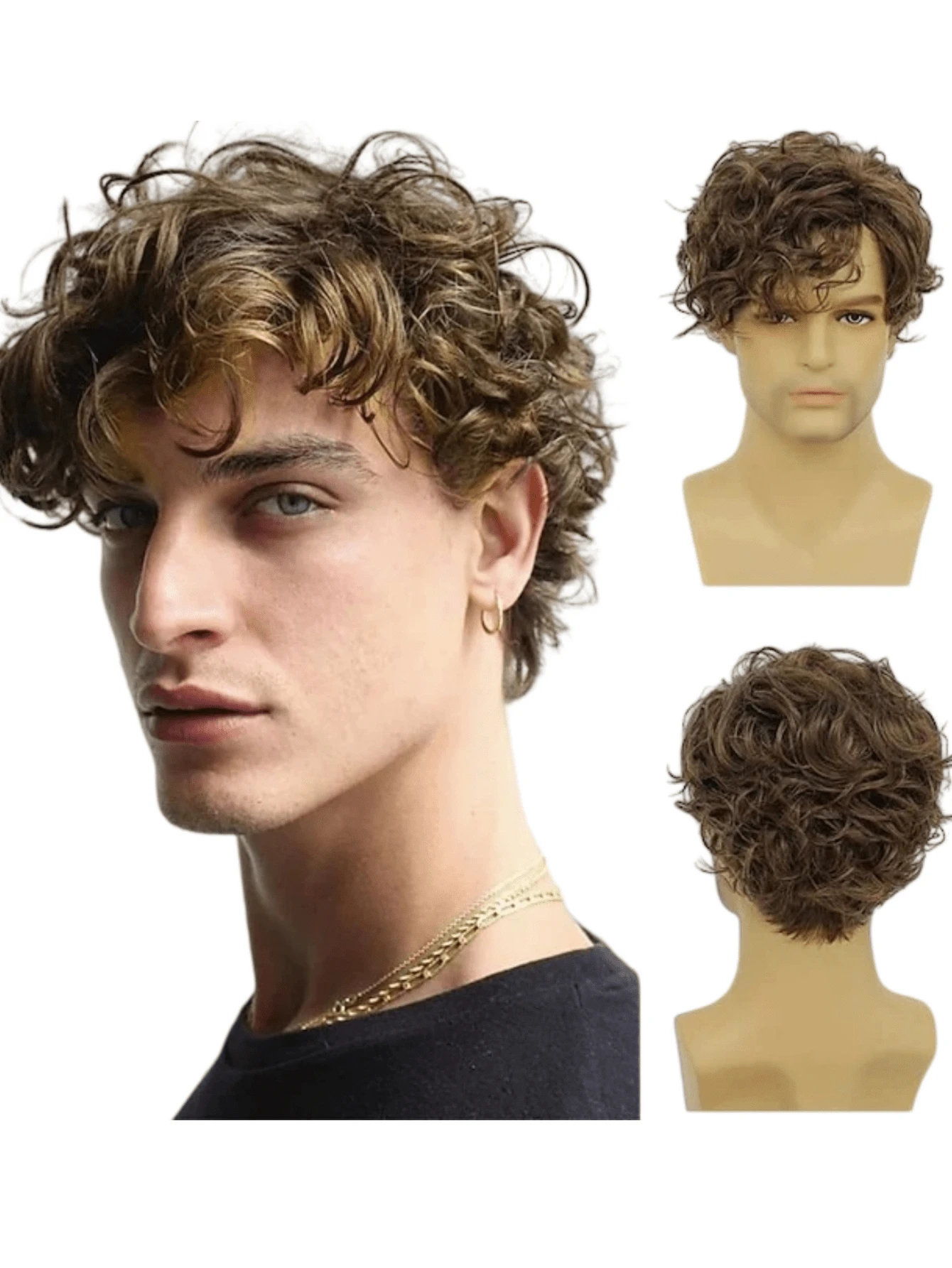 Men's Short Brown Wig, Curly Layered Natural Side Part Hairstyle, Heat Resistant Synthetic Wig With Wig Cap - Brown - View 1
