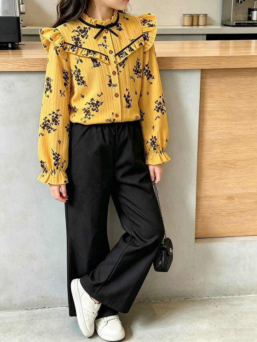 Left Mama 女童优雅复古印花短袖上衣和直筒裤套装 - 黃色 - 查看 1