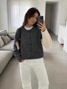 Women's Urban Casual Knit Cardigan, Elegant Grey Patchwork Loose Knit Sweater, Comfortable Versatile Design For Autumn/Winter, Handmade With Rope Buckle Decor, Round Neck Long Sleeve Knitted Cardigan - Dark Grey - View 2