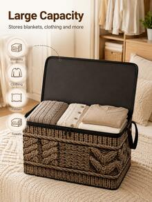 2D Flat Woven Texture Print Foldable Storage Box With Lid And Sturdy Zipper, Large Capacity Household Storage Basket, Suitable For Moving, Seasonal Clothing Change, Living Room And Garage Shelf Storage - Multicolor - View 4