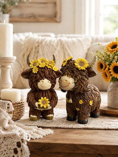 1pc Cute Highland Cow Resin Figurine With Sunflower, Rustic Farmhouse Style Cow Statue, Cottagecore Desktop Decor, Suitable For Living Room, Bookshelf, Mantel, Entryway, Gift For Cow Lovers