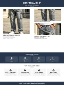 Men's Plus Size Stretch Cargo Jeans, Retro Faded Blue Straight Leg Denim Pants, Casual Work Trousers - Navy Blue - View 5
