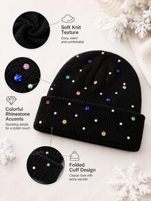 1pc Fashion Rhinestone Knit Beanie, Warm Casual Hat For Autumn/Winter, Unisex, Suitable For Couples, Stylish Design - Multicolor - View 10