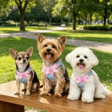 1pc Small Dog Harness . Anti-Escape Cat Harness | Night Reflective . Plaid Bandana + Bow Decor . Mesh Lining Comfortable & Breathable . Hook & Loop Design Easy To Put On & Take Off . Suitable For Small Dogs & Cats Indoor & Outdoor - Multicolor - View 4