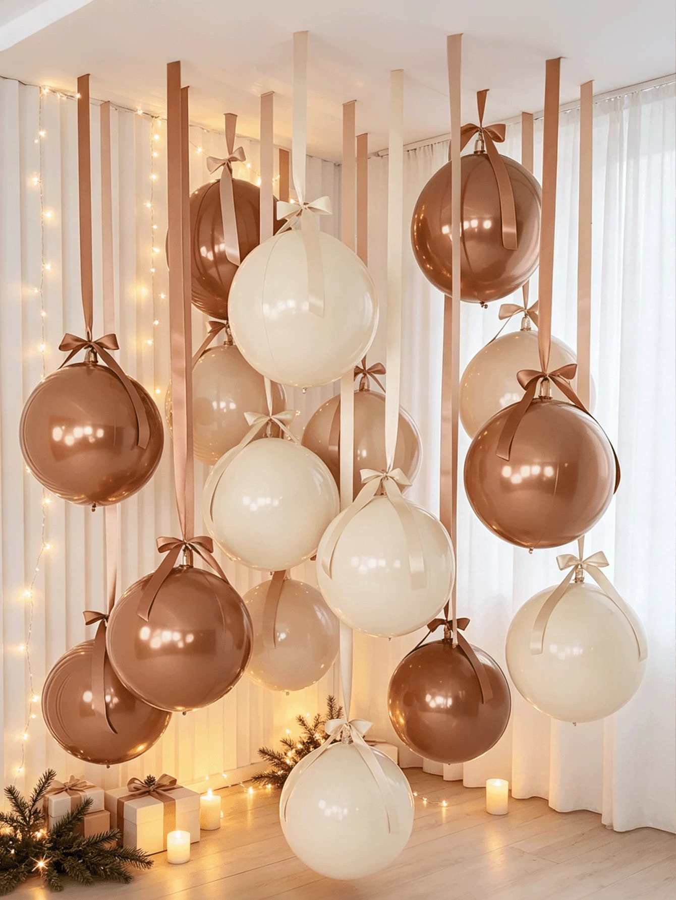 Bulk 22-Inch 4D Metallic Foil Balloon Set With Satin Bow Ribbon, Giant Round Balloons For Ceiling Holiday Decor, New Year, Birthday, Wedding Party Decoration (Cream, Beige, Khaki) - CBK 4D - View 1