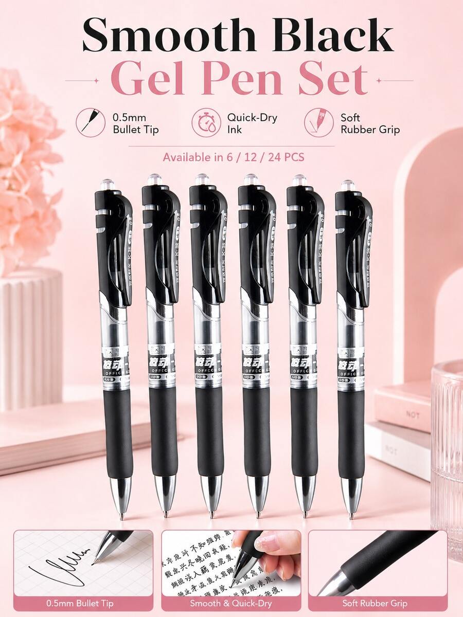 6pcs/12PCS/24PCS Retractable Gel Ink Pens 0.5mm Black, Large‑Capacity Smooth Writing Click‑Type Gel Pens, Durable Ballpoint Pens For Office Daily Writing Supplies - Multiple Styles - View 1