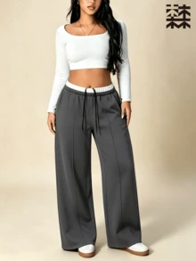 mulinsen Women's Wide Leg Sweatpants, Contrast Color Double Waistband Drawstring Stitching Detail, Loose Casual Sport Pants, Suitable For Daily Fitness And Streetwear - Dark Grey - View 2