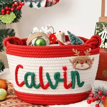 1pc Personalized Customized Christmas Basket Round Rope Storage Basket Holiday Gift Basket Holiday Storage Organizer Basket Knitted Rope Storage Bin - Multicolor - View 40