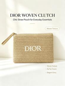 DIOR Straw Woven Makeup Bag, Premium Beige Woven Clutch, Luxury Embroidered Letter Zipper Storage Bag - Woven Makeup Bag - View 8
