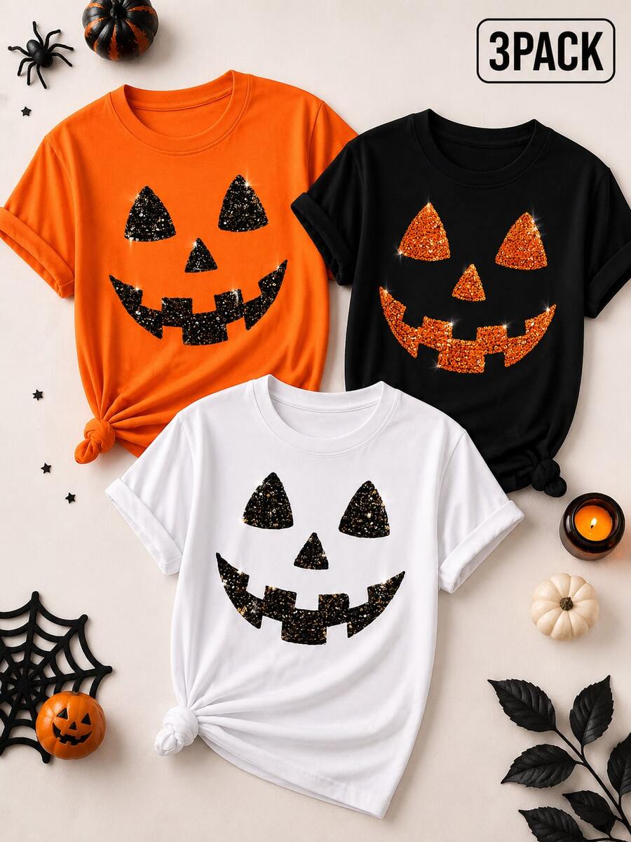 3pack Playera camiseta gráfica dama mujer manga corta cuello redondo básica cómoda fresca ligera moderna juvenil casual urbana suave frío estampado dia de muertos cempasuchil catrines halo - Naranja Negro blanco - Ver 1