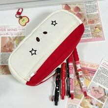 1pc Cute Women's Red/Blue Contrast Star Expression Embroidered Pencil Case, Soft Fabric Material, Layered Large Capacity Storage Pencil Case, Fresh And Adorable Style, Suitable For Students Back To School, Office Workers, Ideal Gift For Friends And Family - A - View 2