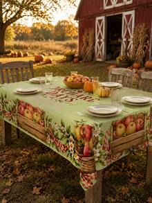 1pc Autumn Apple Orchard Rectangular/Round/Oval Tablecloth, Apple Basket Wooden Box, Cinnamon And White Floral Border Pattern, Polyester Dining Table Cover, Country Farmhouse Kitchen, Patio Gathering And Thanksgiving Harvest Season Decor - A - View 7