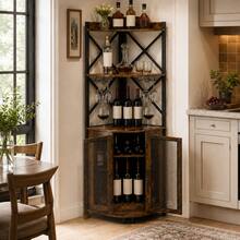 5-Tier Corner Wine Cabinet , Large Industrial Bar Storage Cabinet With Glass Holder, Home Bar Liquor Display Shelf – Rustic Brown - Rust Brown - View 1