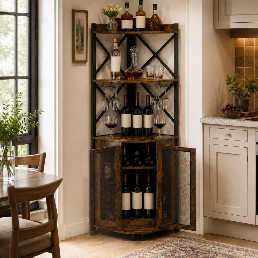 5-Tier Corner Wine Cabinet , Large Industrial Bar Storage Cabinet With Glass Holder, Home Bar Liquor Display Shelf – Rustic Brown - Rust Brown - View 1