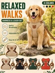 Set Harness dan Tali Anjing, Harness Rompi Anjing Motif Beruang Warna Solid, Dapat Diatur, Ringan, Nyaman, dan Bernapas, Anti-Lepas, Cocok untuk Perjalanan Luar Ruangan, Jalan-jalan, dan Latihan, Tali yang Serasi, Hadiah Ulang Tahun yang Berkesan untuk Kucing dan Anjing - Mocha Brown - View 6