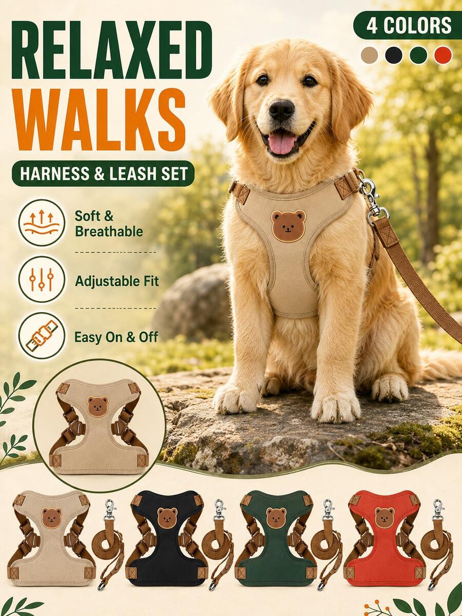 Pet Harness And Leash Set, Solid Color Bear Pattern Design Dog Vest Harness, Adjustable, Lightweight Comfortable Breathable, Anti-Escape, Suitable For Outdoor Travel Walking Training, Matching Leash, Thoughtful Birthday Gift For Cats And Dogs - Mocha Brown - View 1