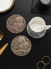 6-24pcs Coconut Tree Wave Hollow Coasters, Luxury Style PVC Round Heat-Insulating Non-Slip Coasters Suitable For Dining Table, Afternoon Tea, Home Party - Multicolor - View 6