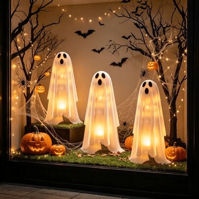 Solar Halloween Ghost Stake Lights, 3‑LED Ghost Garden Path Lights, Warm White / Cool White / Multicolor Optional, Outdoor Solar Decor, Spooky Ghost Ornament For Yard, Patio, Porch, Party, Haunted House, Halloween Festival Decoration