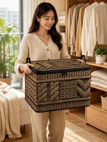 2D Flat Woven Texture Print Foldable Storage Box With Lid And Sturdy Zipper, Large Capacity Household Storage Basket, Suitable For Moving, Seasonal Clothing Change, Living Room And Garage Shelf Storage - Multicolor - View 3