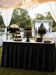 1pc Black Pleated Polyester Table Skirt, Elegant Rectangle Table Cover For Birthday Party, Wedding, Banquet, Dessert Table, Buffet, Bridal Shower, Baby Shower & Event Decor - Black - View 3