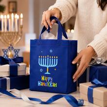 10 Packs Gift Bags, 7.1 X 7.9 X 3.9 Inch Blue Nonwoven Tote Bags With Handles, Happy Menorah Design Reusable Gift Packaging Bags For Party, Holiday Gifts And Decorations - D-Blue - View 4