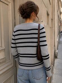 Women's Knit Striped Patchwork Collar Casual Vest 2 Pieces Set, Autumn/Winter Elegant - Grey - View 2