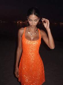 Women's Glamorous Sequin Spaghetti Strap Short Dress, Orange Straight Neckline Mid-Stretch Backless Cinched Waist Flared Skirt, Suitable For Evening Dates, Parties, Music Festivals, Cocktail Events, Homecoming, Birthday Parties, Nightclubs, Bars, Carnivals, Island Vacations, Photo Shoots, New Year's Eve Parties, Theme Dances, Beach - Orange - View 6