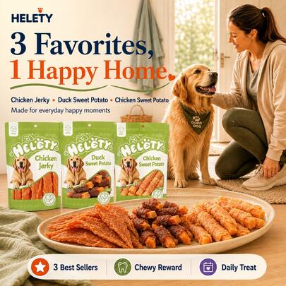 HELETY Premios para perros, jerky de pollo, opciones de patata dulce con pato y patata dulce con pollo, snacks masticables para perros para recompensas de entrenamiento y premios diarios, perros pequeños, medianos y grandes