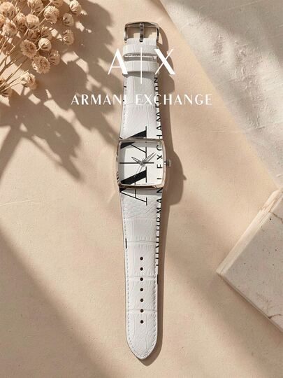 Armani Liberty Dream Square Women's Series, White Dial Black & White Geometric Print Square Watch Face, White Embossed Leather Strap, Women's Quartz Wristwatch