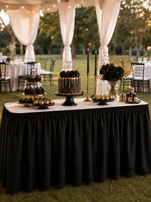 1pc Black Pleated Polyester Table Skirt, Elegant Rectangle Table Cover For Birthday Party, Wedding, Banquet, Dessert Table, Buffet, Bridal Shower, Baby Shower & Event Decor - Black - View 7