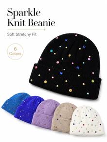 1pc Fashion Rhinestone Knit Beanie, Warm Casual Hat For Autumn/Winter, Unisex, Suitable For Couples, Stylish Design - Multicolor - View 1