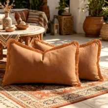 1pc Olive Green Tassel Throw Pillow Cover (Insert Not Included), Textured Breathable Sun-Resistant Fabric, Vintage Soft Matte Texture, Low Saturation Olive Green With Matching Tassel Trim, Suitable For Balcony, Patio - Multicolor - View 5