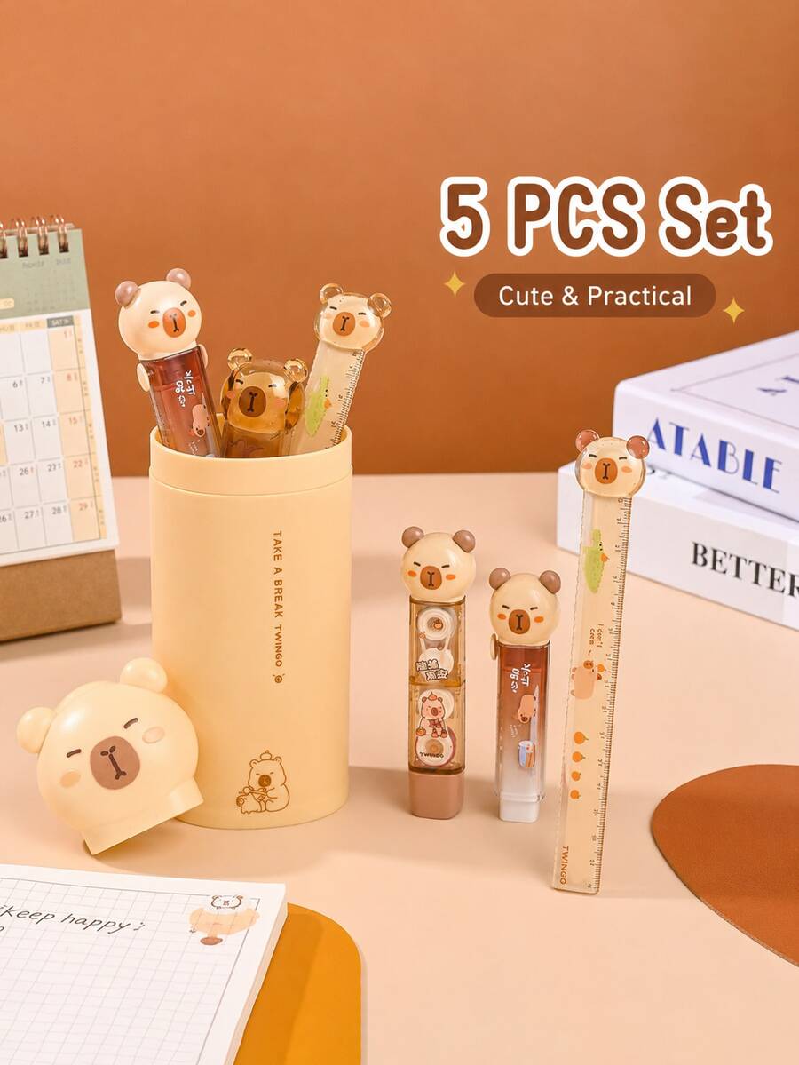 5pcs/Set Capybara-Shaped Stationery Ruler Set, Suitable For Studying, Writing, And Crafting; A Stylish And Portable Stationery Set,For The School - Camel - View 1
