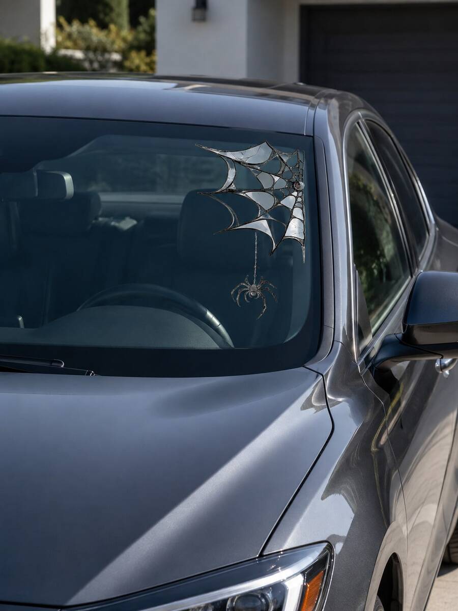 1pc One Size Halloween Spider Web Car Window Sticker, Black Realistic Broken Glass Spider Car Decal, Waterproof PVC Self-Adhesive/Static Cling Removable Exterior Car Decor, Halloween Party Decoration, Suitable For Sedan Truck SUV Window Body DIY Modification Accessories - A - View 1