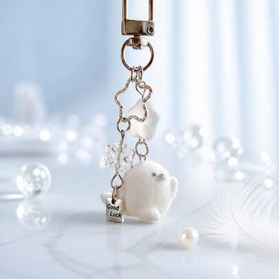 1pc Cute Flocked White Seal Keychain With Star Snowflake Bead, Good Luck Tag Bag Charm, Lovely Animal Pendant For Backpack Handbag Accessories
