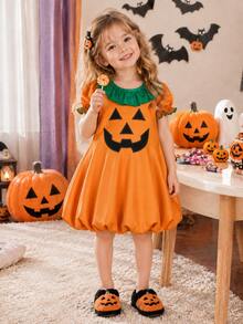 Halloween Girls Toddler Autumn/Winter Pumpkin Head Ghost Face Print Cartoon Cute Heart Ruffle Hem Short Sleeve Dress, Fashion Holiday Party Gift Photo Outfit - Orange - View 7