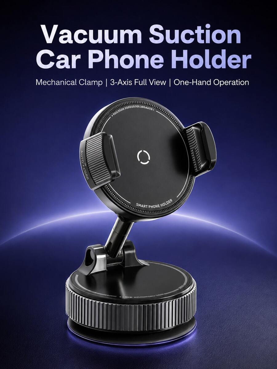 Vacuum Suction Car Phone Holder Mount, 3-Axis 360° Rotatable Foldable Mechanical Clamp Phone Stand, One-Hand Operation Residue-Free Suction Cup, Universal Fit All Smartphones For Car Dashboard Windshield Bathroom Gym Live Streaming