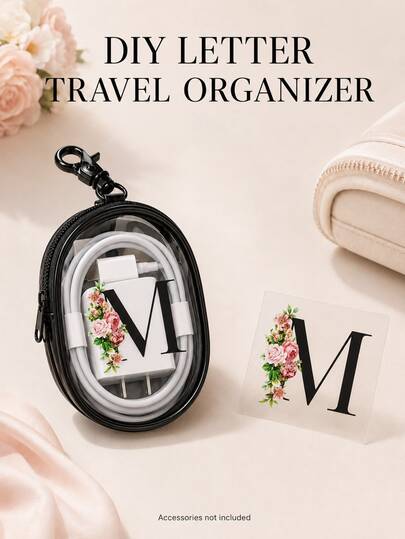 3pcs Portable Mini Transparent Zipper Storage Bags With Keychain, Letter & Floral Pattern, Suitable For Earphones, Chargers, Cables, Cosmetics, Travel And Backpacks