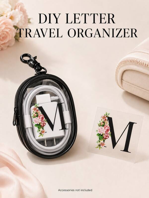 3pcs Portable Mini Transparent Zipper Storage Bags With Keychain, Letter & Floral Pattern, Suitable For Earphones, Chargers, Cables, Cosmetics, Travel And Backpacks