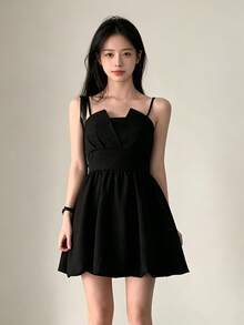 Women's Solid Color Korean Style Back Bowknot Ruched Hem Cami Dress - Black - View 4