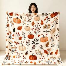 1PC Autumn Pumpkin & Maple Leaf Print Blanket, Harvest Season Theme Sofa Throw, Vintage Atmosphere Home Decor Casual Blanket - Multicolor - View 8