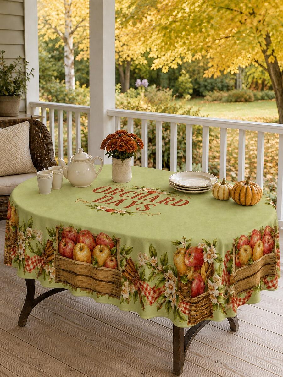1pc Autumn Apple Orchard Rectangular/Round/Oval Tablecloth, Apple Basket Wooden Box, Cinnamon And White Floral Border Pattern, Polyester Dining Table Cover, Country Farmhouse Kitchen, Patio Gathering And Thanksgiving Harvest Season Decor - A - View 1