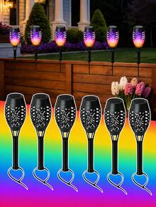 POSE UP 6pcs Solar Flame Light Strip, Waterproof Outdoor LED Fence And Deck Lights, Realistic Flickering Flame Effect Solar Landscape Lighting, With Switch Control, Easy Installation Decorative Lights, Suitable For Yard, Lawn, Pathway, Stairs, Driveway, Patio And Garden - Multicolor - View 2