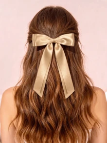 2pcs Champagne Gold Satin Bow Hair Clips, Long Tail Double Layer Satin Ribbon Bow Hair Clips, Half-Up Hair Accessories, Suitable For Party, Wedding, Y2K Style Autumn Outfit - Khaki - View 2