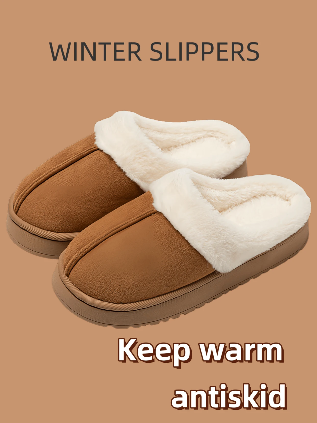 Women Winter Fleece Lined Slippers Thick Platform Non‑Slip Warm House Mules - Mocha Brown - View 1