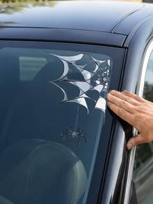 1pc One Size Halloween Spider Web Car Window Sticker, Black Realistic Broken Glass Spider Car Decal, Waterproof PVC Self-Adhesive/Static Cling Removable Exterior Car Decor, Halloween Party Decoration, Suitable For Sedan Truck SUV Window Body DIY Modification Accessories - A - View 3