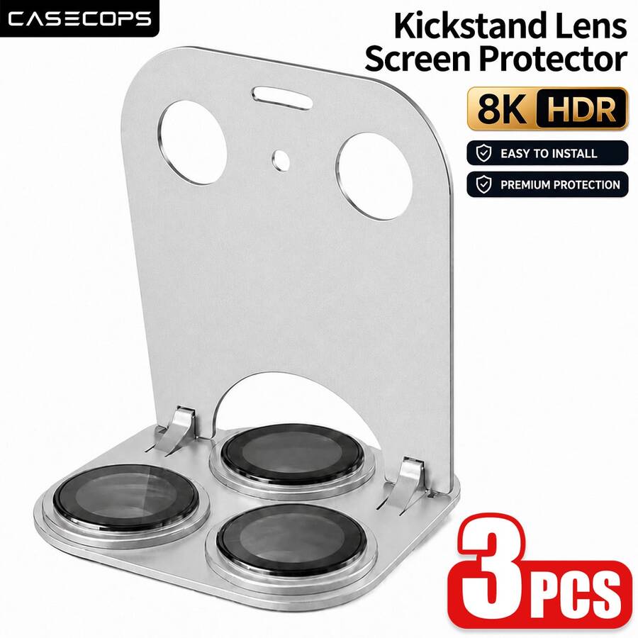 CASECOPS 銀色 - 3片一體式相機螢幕保護貼附手機支架，相容 17 Pro Max/17 Pro，手機支架功能設計，90°可調支架，穩定支撐不搖晃，讓您隨時隨地使用手機支架