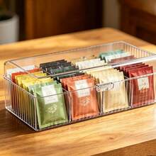 1pc Transparent 4-Compartment/Open-Compartment Tea Bag Storage Box With Lid, Multi-Functional Desktop Organizer, Cosmetics & Jewelry Storage Box, Suitable For Storing Coffee, Tea Bags, Cosmetics, Jewelry, Etc., Ideal For Dorm, Home And Office Use - Multicolor - View 2