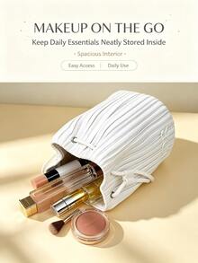 Dior Cream White Vertical Stripe Drawstring Makeup Bag, 3D Embossed Letter Logo Mini Bucket Storage Bag, Portable Travel Cosmetic Jewelry Organizer - White Bucket Bag - View 3