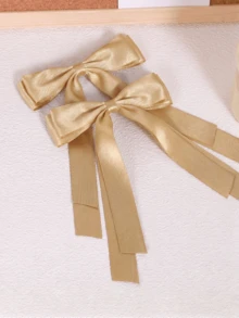 2pcs Champagne Gold Satin Bow Hair Clips, Long Tail Double Layer Satin Ribbon Bow Hair Clips, Half-Up Hair Accessories, Suitable For Party, Wedding, Y2K Style Autumn Outfit - Khaki - View 4
